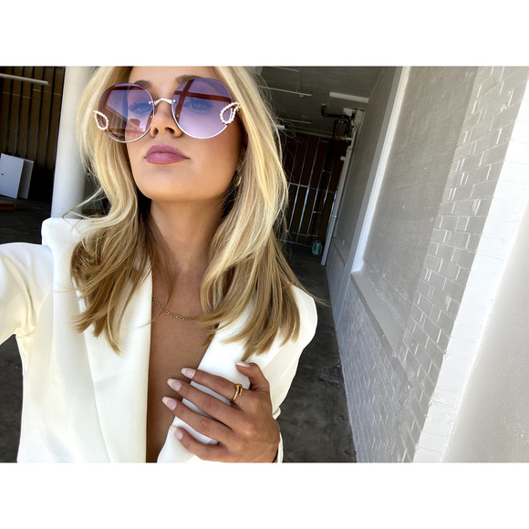 Large OVERSIZED Round Diamond Rhinestone Jeweled Women's Blue Pink Sunglasses - Picture 6 of 8